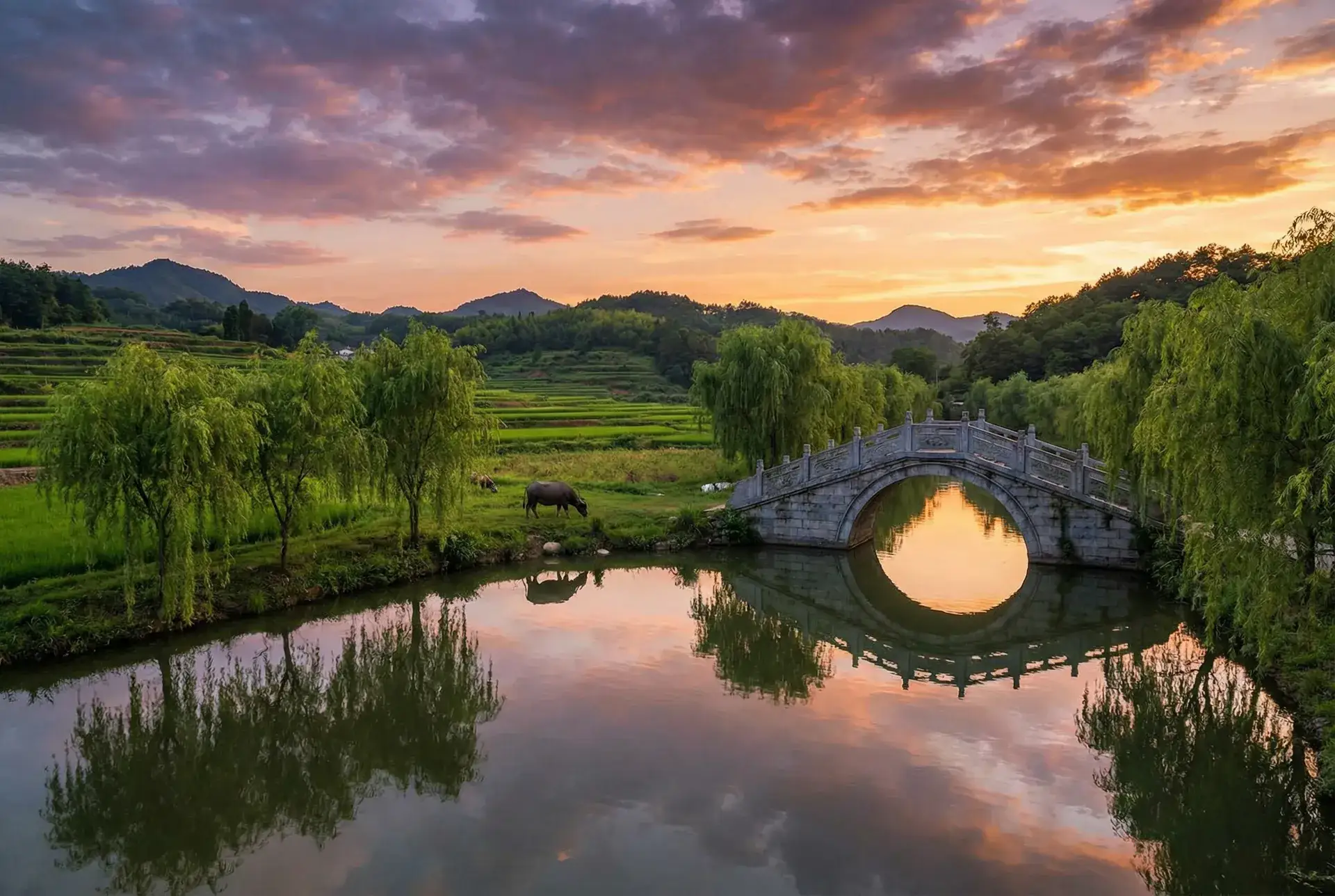 夕阳下的石拱桥与垂柳，水牛在河边吃草 - 乡野欲潮 乡村美景